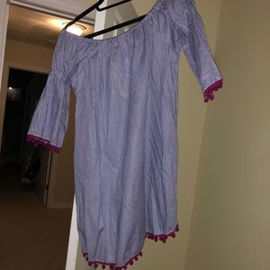 Blue and white striped off the shoulder dress